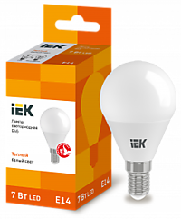 Лампа IEK G45 7W 3000K E14 500Лм (шарик) (10/100)
