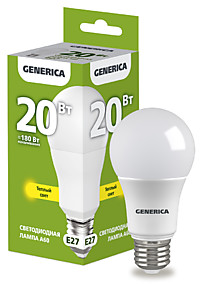 Лампа IEK GENERICA  А60 20Вт 3000К 2000Лм Е20 (10/100)